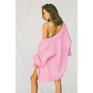 Sabo Skirt Chunky Knit Panama Cardigan in Pink O/S
